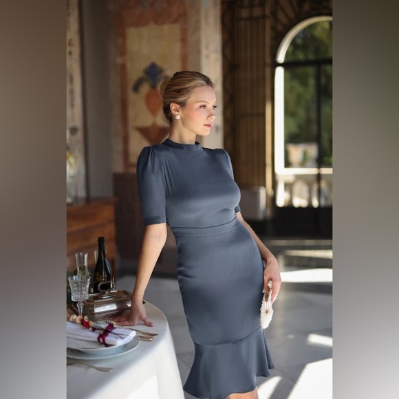 GAALA PARIS Alexane Black 100% Silk High Mock Neck MIDI Ruffle Evening Dress - Picture 16 of 17